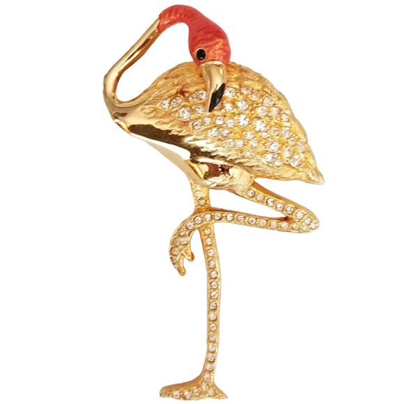 Swarovski Coral Color Enamel Clear Rhinestone Flamingo Brooch Pin M359 - Picture 1 of 10